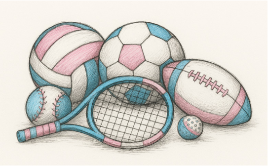 Illustration of sports equipment in transgender pride flag colors.