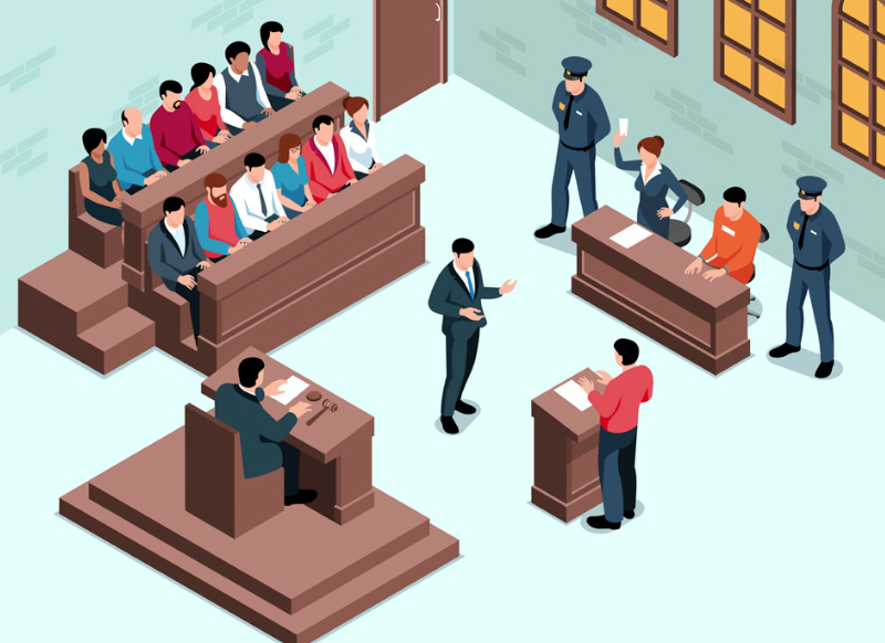 Illustration of a courtroom scene